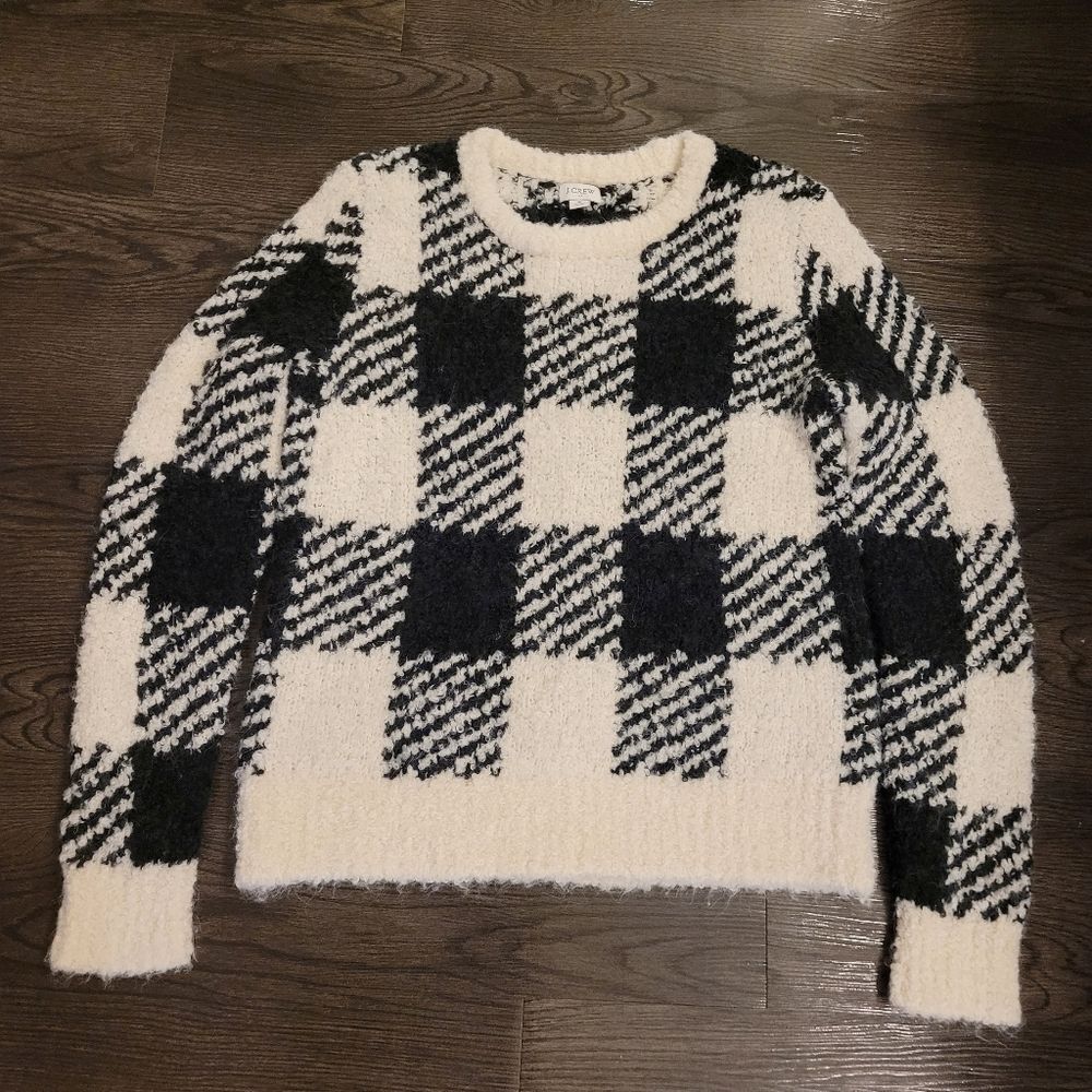 J.Crew Factory Buffalo Check Boucle Sweater Small Black White Plaid Preppy